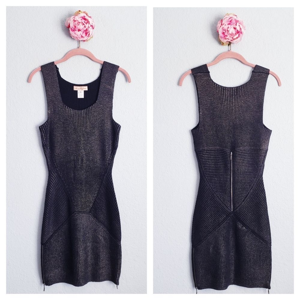 Mara Huffman Black‎ Metallic Knit Ribbed Bodycon Dress with Zipper Details
